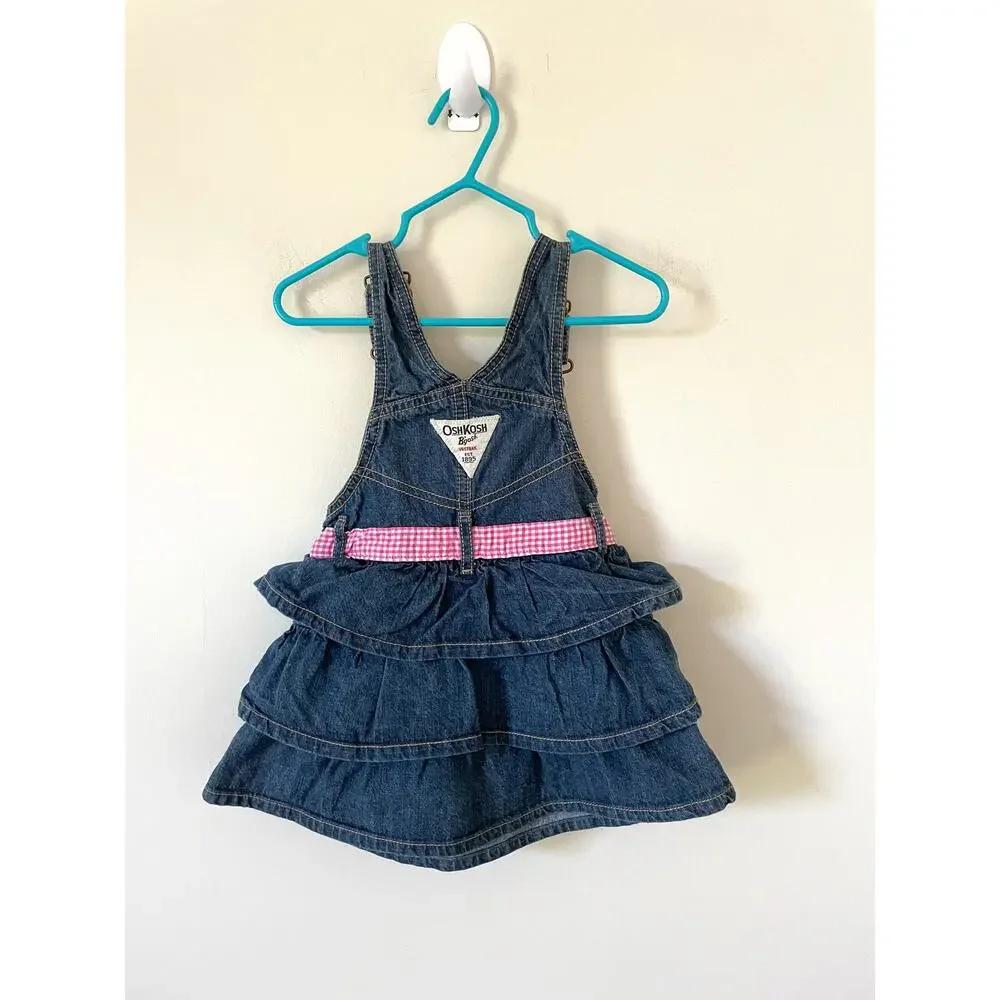 Oshkosh Vintage 90s Ruffle Belt Denim Dress Blue Pink Size 24 months 2 Toddler